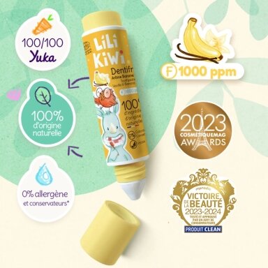 Lili Kiwi ekologiška dantų pasta vaikams su fluoru (1000 ppm), nuo ėduonies, vanilės ir bananų skonio Lili Kiwi ekologiška dantų pasta vaikams su fluoru (1000 ppm), nuo ėduonies, vanilės ir bananų skonio